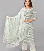 White floral printed work cotton straight kurta with pant and dupatta set