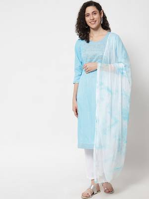 Turquoise embroidered work rayon straight kurta with pant and dupatta set 1