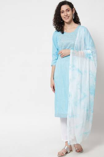 Turquoise embroidered work rayon straight kurta with pant and dupatta set