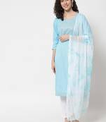 Turquoise embroidered work rayon straight kurta with pant and dupatta set