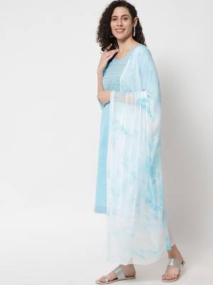 Turquoise embroidered work rayon straight kurta with pant and dupatta set 2