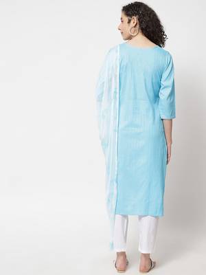 Turquoise embroidered work rayon straight kurta with pant and dupatta set 3