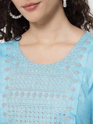 Turquoise embroidered work rayon straight kurta with pant and dupatta set 4