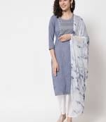 Silver embroidery work rayon straight kurta with pant and dupatta set