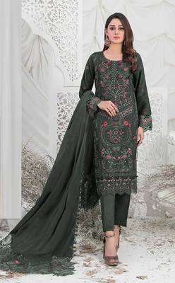 Dark green embroidered faux georgette semi stitched salwar suit 1