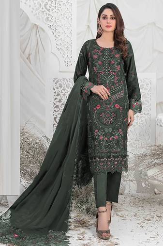 Dark green embroidered faux georgette semi stitched salwar suit