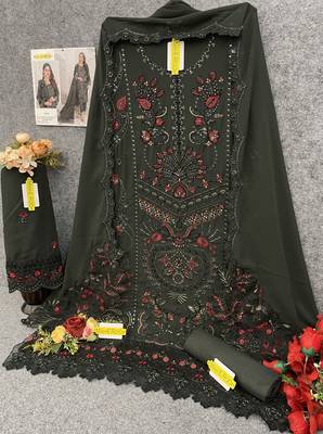 Dark green embroidered faux georgette semi stitched salwar suit 4