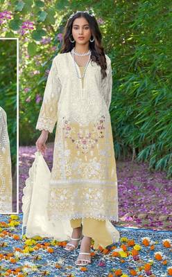 Yellow & white embroidered organza semi stitched salwar suit 1