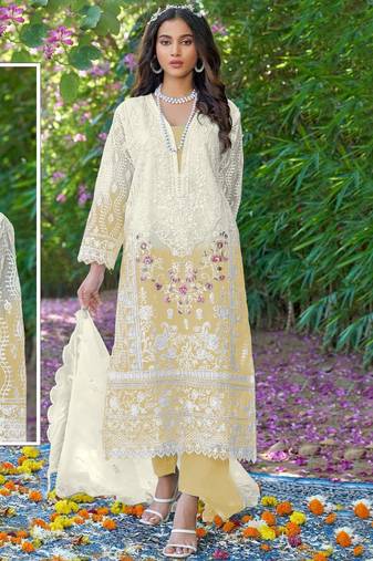 Yellow & white embroidered organza semi stitched salwar suit