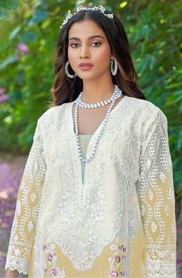 Yellow & white embroidered organza semi stitched salwar suit 3