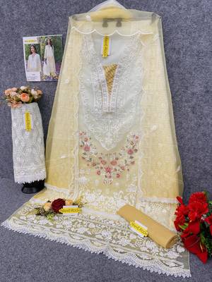 Yellow & white embroidered organza semi stitched salwar suit 4