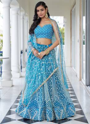 sky blue Butterfly Net Embroidery Thread Designer Lehenga 1