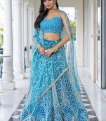 sky blue Butterfly Net Embroidery Thread Designer Lehenga