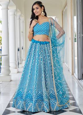 sky blue Butterfly Net Embroidery Thread Designer Lehenga 2