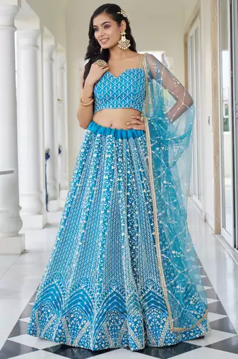 sky blue Butterfly Net Embroidery Thread Designer Lehenga