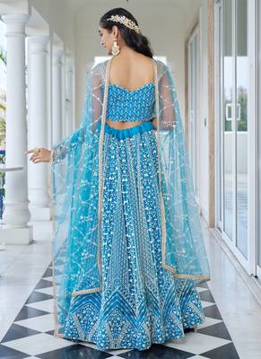 sky blue Butterfly Net Embroidery Thread Designer Lehenga 4
