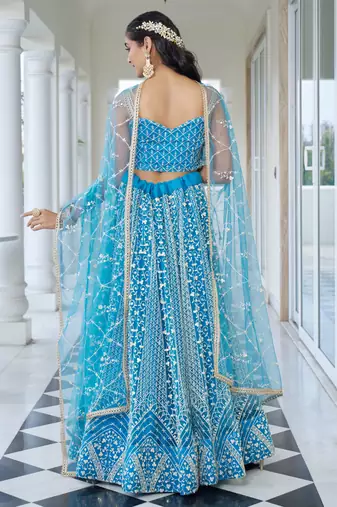 sky blue Butterfly Net Embroidery Thread Designer Lehenga