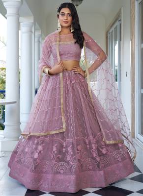 onion pink Butterfly Net Embroidery Thread Designer Lehenga 1