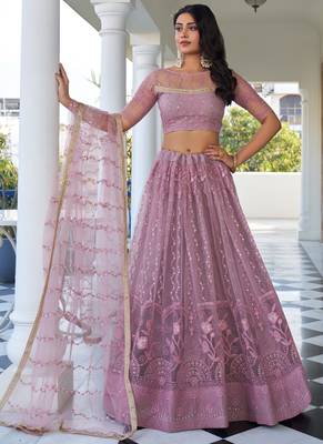 onion pink Butterfly Net Embroidery Thread Designer Lehenga 2