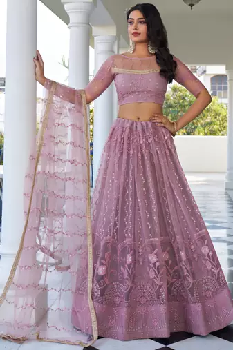 onion pink Butterfly Net Embroidery Thread Designer Lehenga