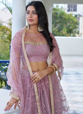 onion pink Butterfly Net Embroidery Thread Designer Lehenga 3