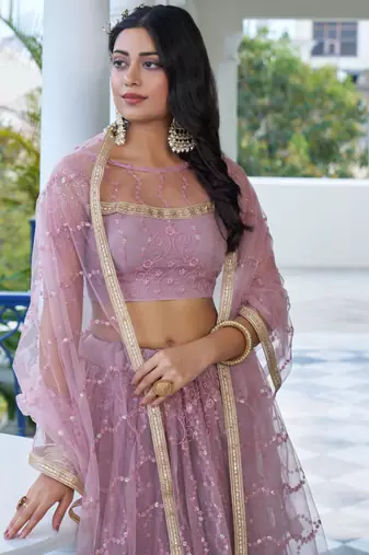 onion pink Butterfly Net Embroidery Thread Designer Lehenga