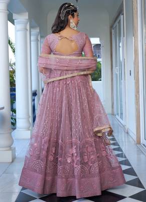 onion pink Butterfly Net Embroidery Thread Designer Lehenga 4