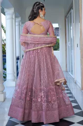 onion pink Butterfly Net Embroidery Thread Designer Lehenga