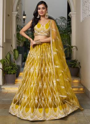 yellow Butterfly Net Embroidery Thread Designer Lehenga 1