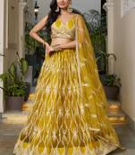 yellow Butterfly Net Embroidery Thread Designer Lehenga