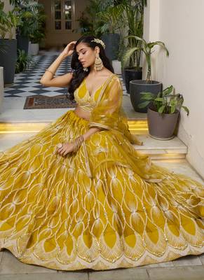 yellow Butterfly Net Embroidery Thread Designer Lehenga 2