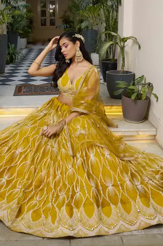 yellow Butterfly Net Embroidery Thread Designer Lehenga