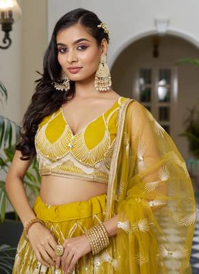 yellow Butterfly Net Embroidery Thread Designer Lehenga 3