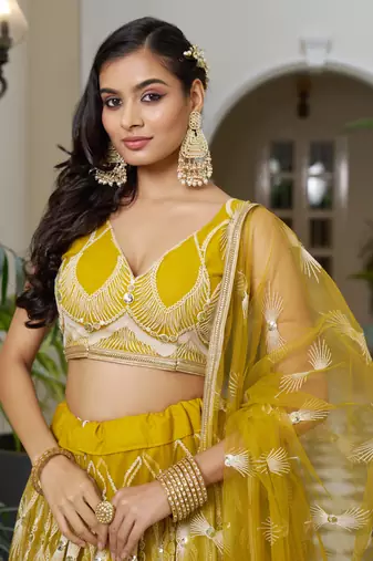yellow Butterfly Net Embroidery Thread Designer Lehenga