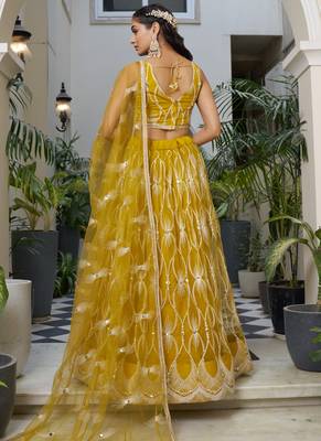 yellow Butterfly Net Embroidery Thread Designer Lehenga 4