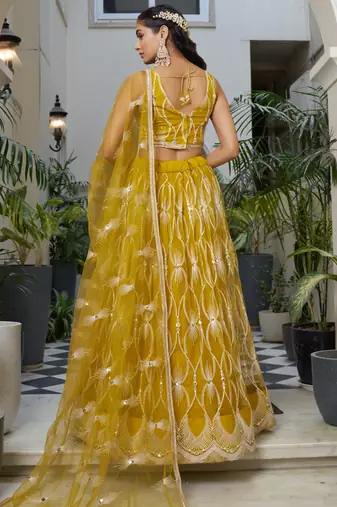 yellow Butterfly Net Embroidery Thread Designer Lehenga