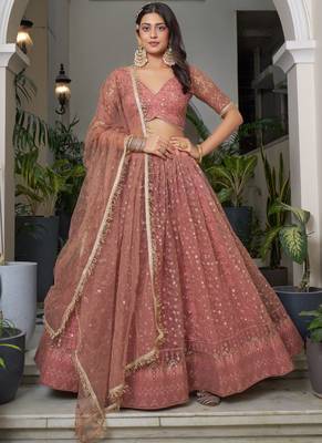peach Butterfly Net Embroidery Thread Designer Lehenga 1