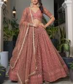 peach Butterfly Net Embroidery Thread Designer Lehenga