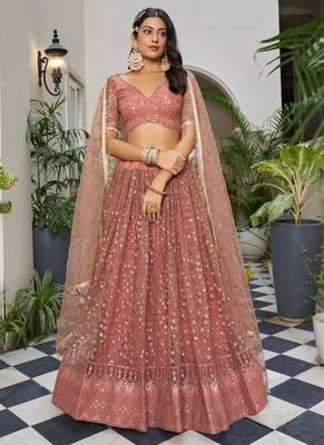 peach Butterfly Net Embroidery Thread Designer Lehenga 2