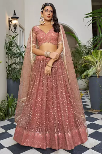peach Butterfly Net Embroidery Thread Designer Lehenga