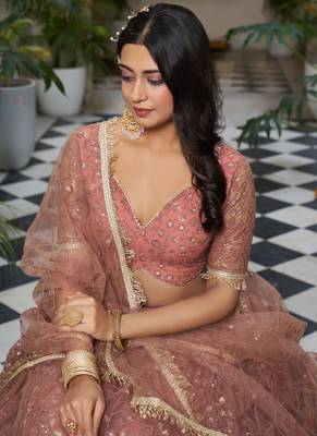 peach Butterfly Net Embroidery Thread Designer Lehenga 3