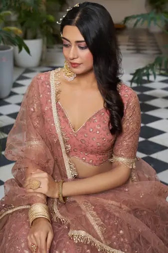 peach Butterfly Net Embroidery Thread Designer Lehenga