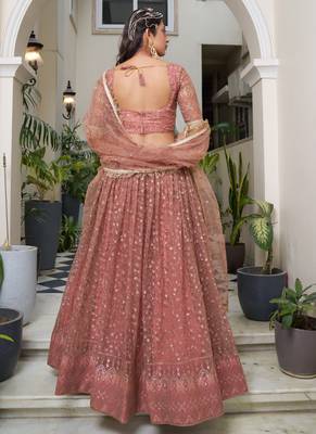 peach Butterfly Net Embroidery Thread Designer Lehenga 4