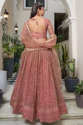 peach Butterfly Net Embroidery Thread Designer Lehenga