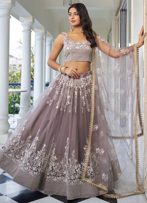 grey Butterfly Net Embroidery Thread Designer Lehenga 1