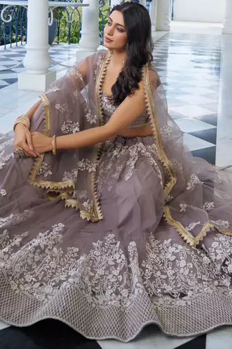 grey Butterfly Net Embroidery Thread Designer Lehenga