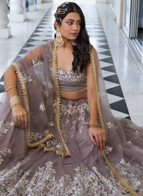 grey Butterfly Net Embroidery Thread Designer Lehenga 3
