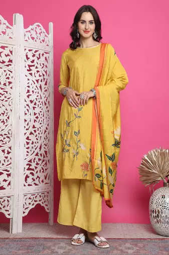 yellow muslin digital printed dress material