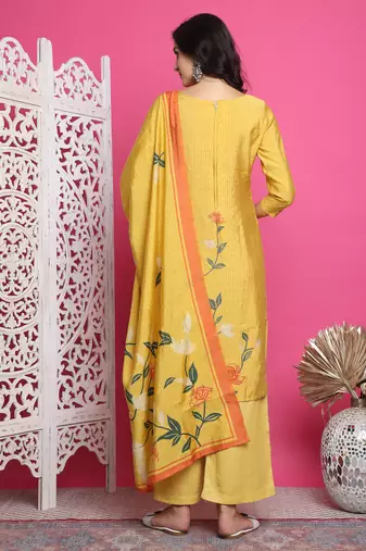 yellow muslin digital printed dress material