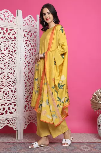 yellow muslin digital printed dress material